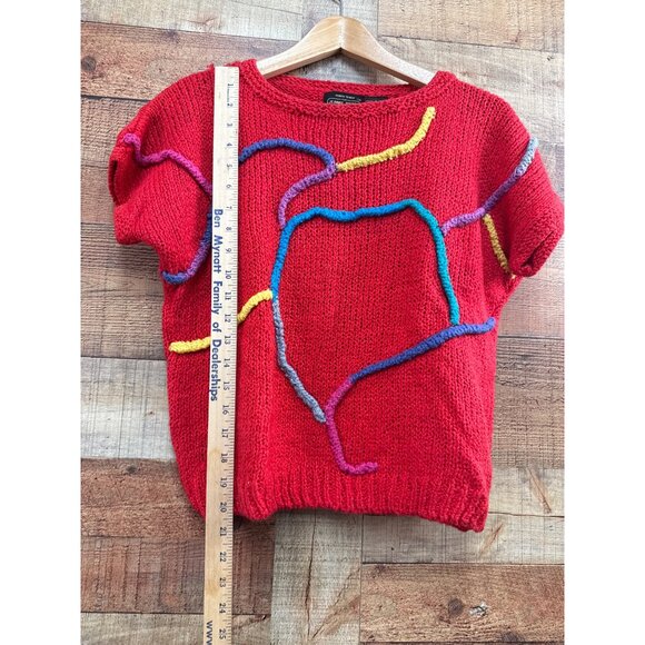 Vintage Jeanne Pierre Hand Knit Red Sweater With Multicolor Abstract Design M - Picture 3 of 6